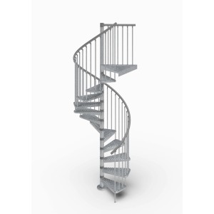 Scala a chiocciola in metallo argentato per interni.