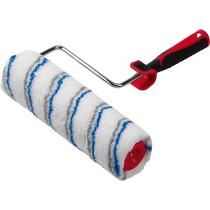 Rullo per pittura a dispersione in poliestere, 25 cm di larghezza, con manico rosso e nero.