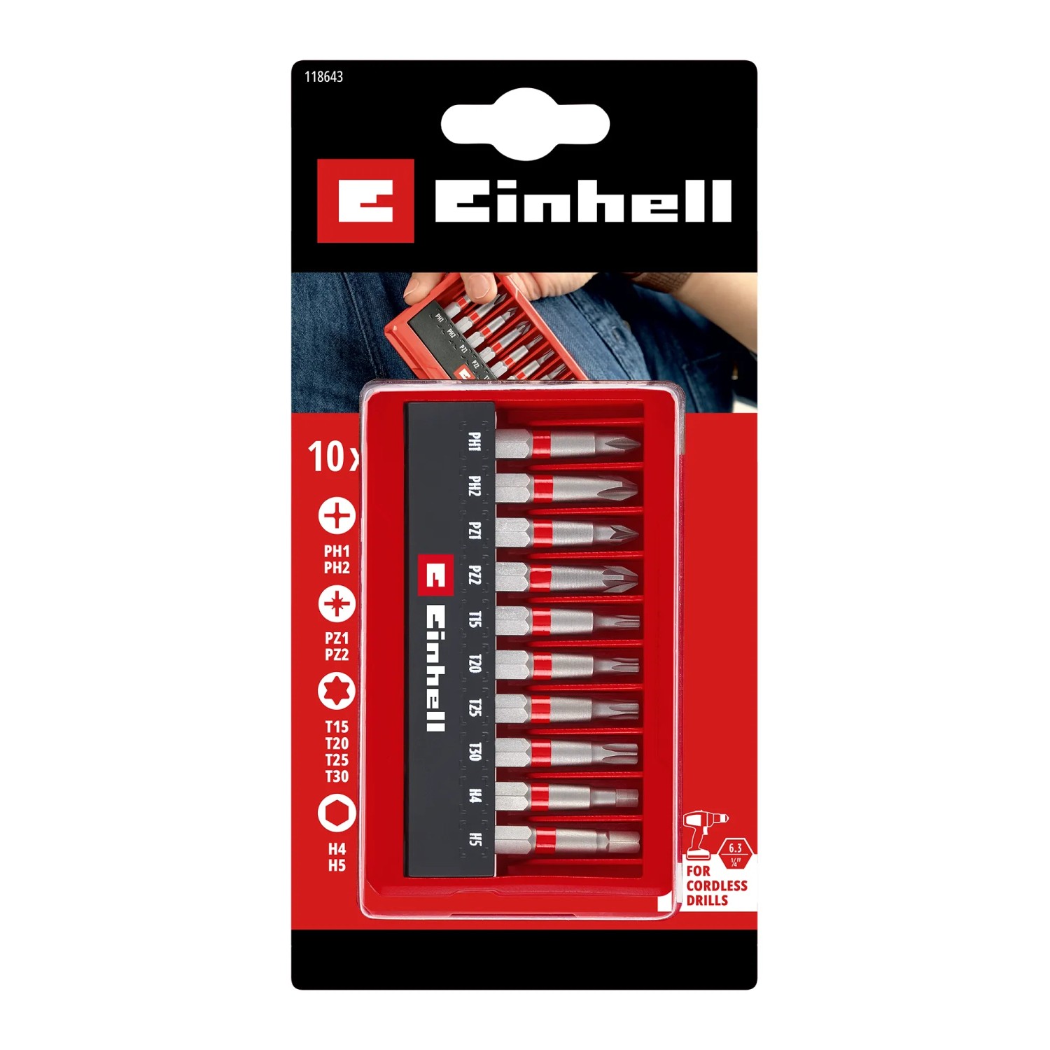 Set di inserti Einhell da 10 pezzi in formato tascabile con profili PH, PZ, TX e HEX per avvitatori a batteria.