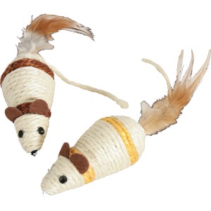 Due topolini giocattolo per gatti in sisal con piume.