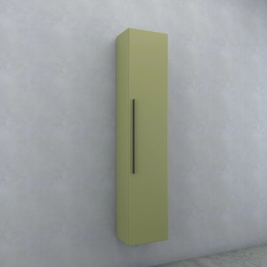 Mobile bagno sospeso verde con maniglia lunga e scura. Arredo bagno da parete.