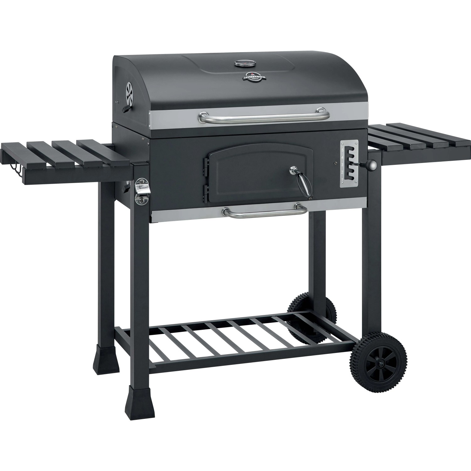 Barbecue a carbone Jamestown Jaxon XL con griglia modulare e tavolini laterali.
