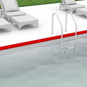 Primo piano di una piscina con Battiscopa rosso e scala.