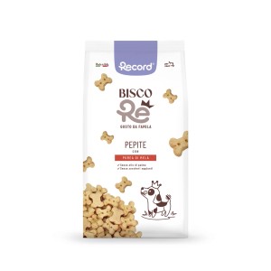Confezione di biscotti per cani Record, gusto mela, a forma di osso.