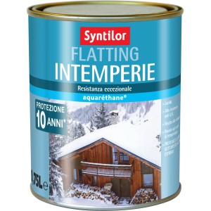 Barattolo di pittura per esterni Syntilor Flätting Intemperie, azzurro, con immagine di una casa in legno sulla neve.