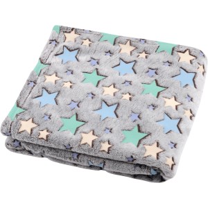 Morbida coperta t.b.t. grigia con stelle blu, verdi e beige.