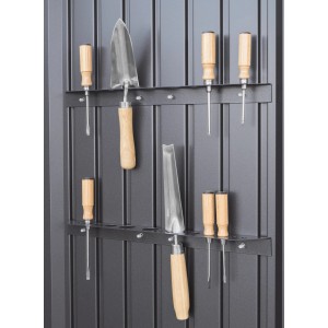 Portautensili Biohort per casetta da giardino AvantGarde, grigio scuro metallizzato, con attrezzi da giardino.