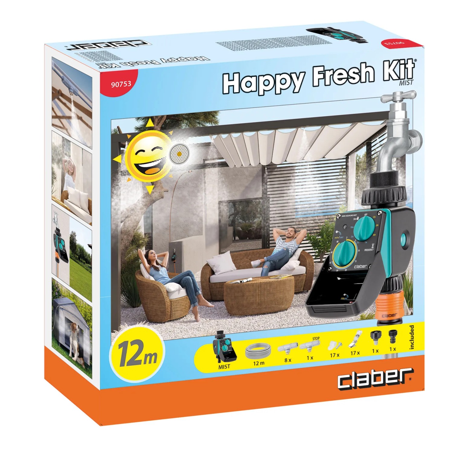 Confezione del Claber Happy Fresh Kit per irrigazione con tubo da 12m e accessori.