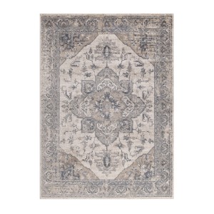 Tappeto vintage con motivo floreale in beige e grigio.