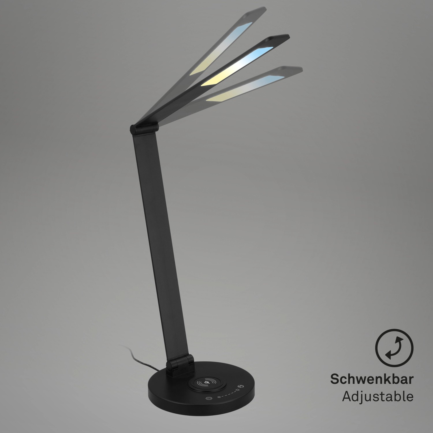 Lampada da scrivania a LED nera Brilo Cuma con dimmer touch e ricarica induttiva.