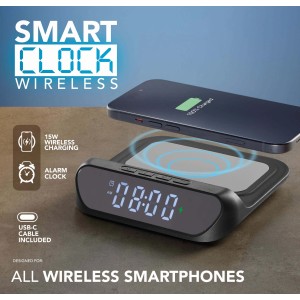 Sveglia t.b.t. nera con stazione di ricarica wireless per smartphone.