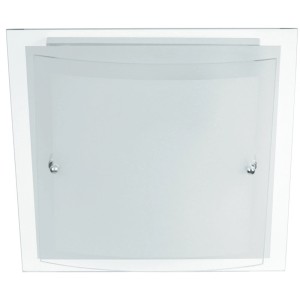 Plafoniera quadrata bianca con vetro satinato e bordo in vetro trasparente.