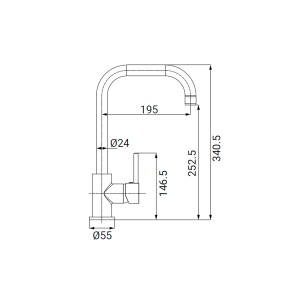 Disegno tecnico del miscelatore monocomando t.b.t. con dimensioni.