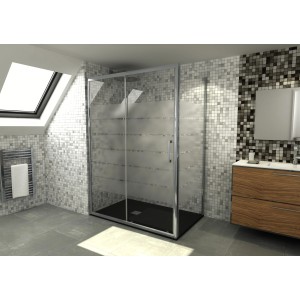 Box doccia t.b.t. con porta scorrevole e piatto doccia nero in bagno.