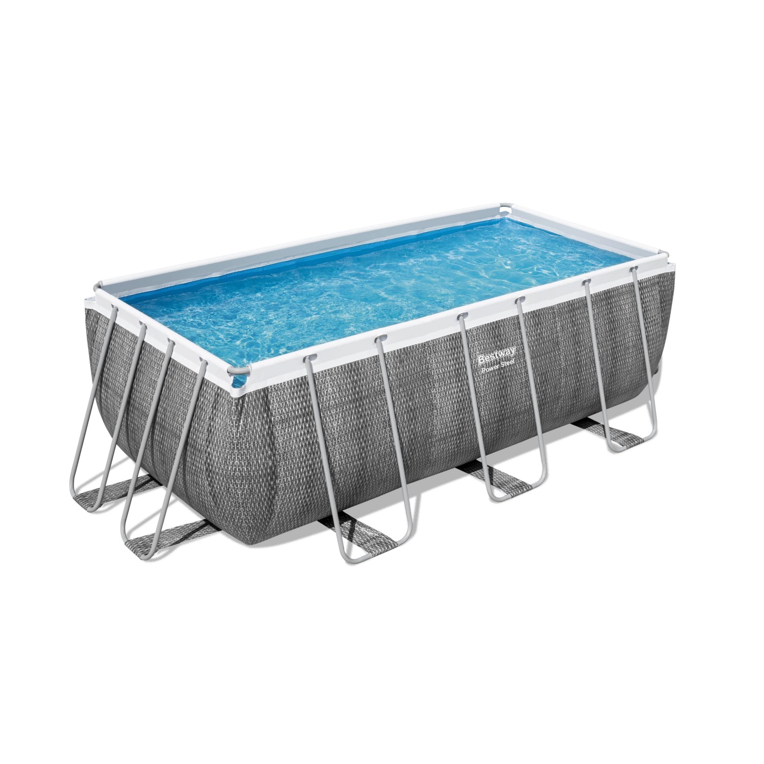 Piscina rettangolare t.b.t. con rivestimento grigio e telaio in acciaio.