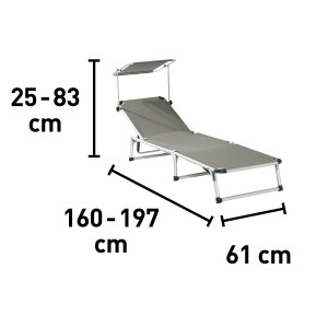 Lettino prendisole t.b.t. grigio con tettuccio parasole regolabile e dimensioni.