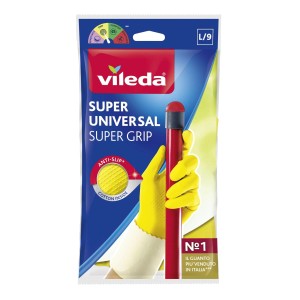 Guanti Vileda Super Universal, taglia L/9, gialli con impugnatura rossa. Ideali per la casa.