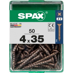 Viti per legno SPAX 4x35 mm, 50 pezzi in contenitore di plastica verde.