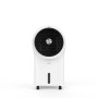 Ventilatore mobile bianco con design rotondo e serbatoio dell'acqua.