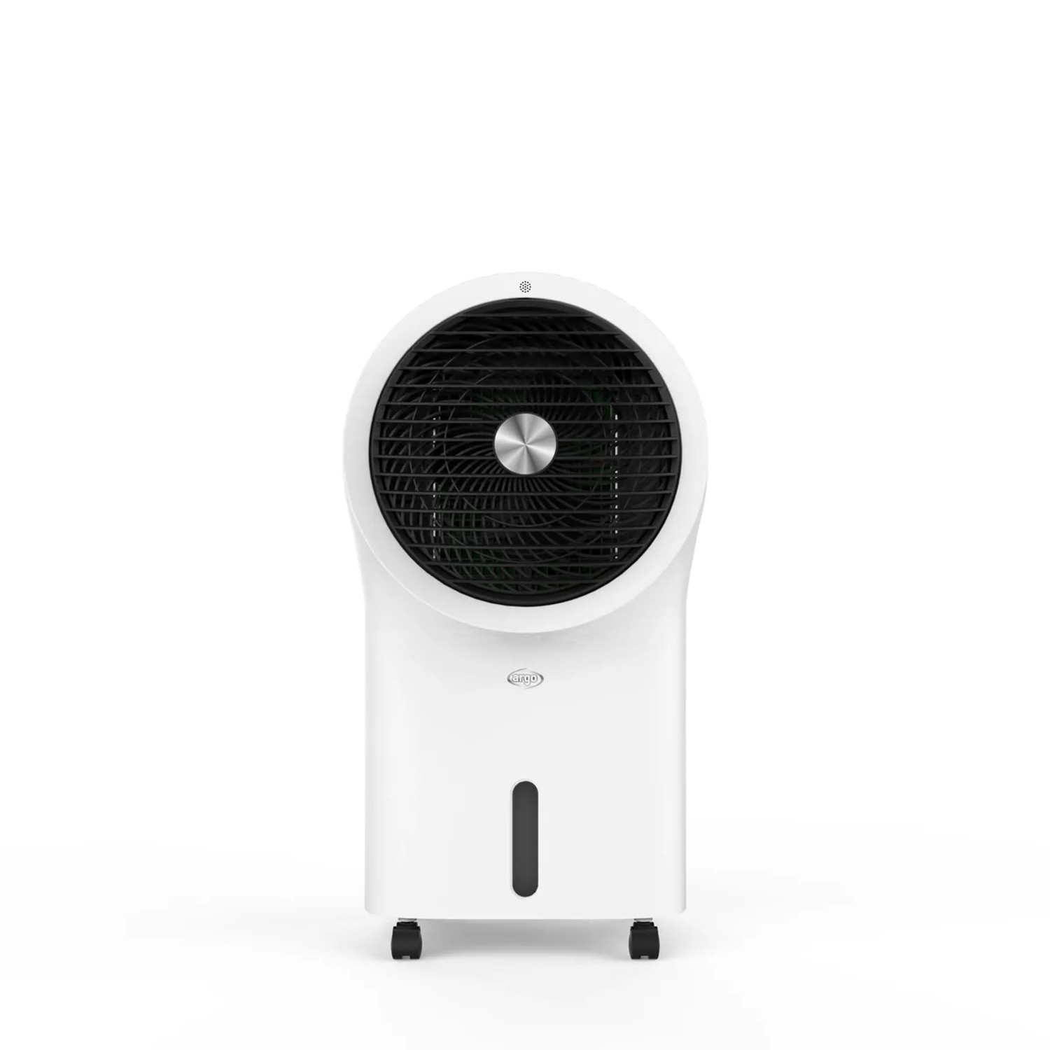 Ventilatore mobile bianco con design rotondo e serbatoio dell'acqua.