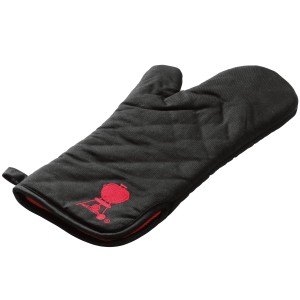 Guanto da barbecue Weber, nero con logo rosso, extra lungo per protezione dal calore.
