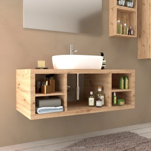 t.b.t. Mobile bagno con lavabo d'appoggio e vani portaoggetti.