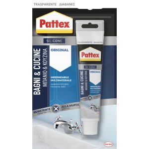 Sigillante siliconico trasparente Pattex per bagno e cucina. Resistente alla muffa.