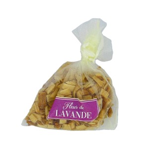 Fiori di lavanda in sacchetto trasparente con etichetta viola.