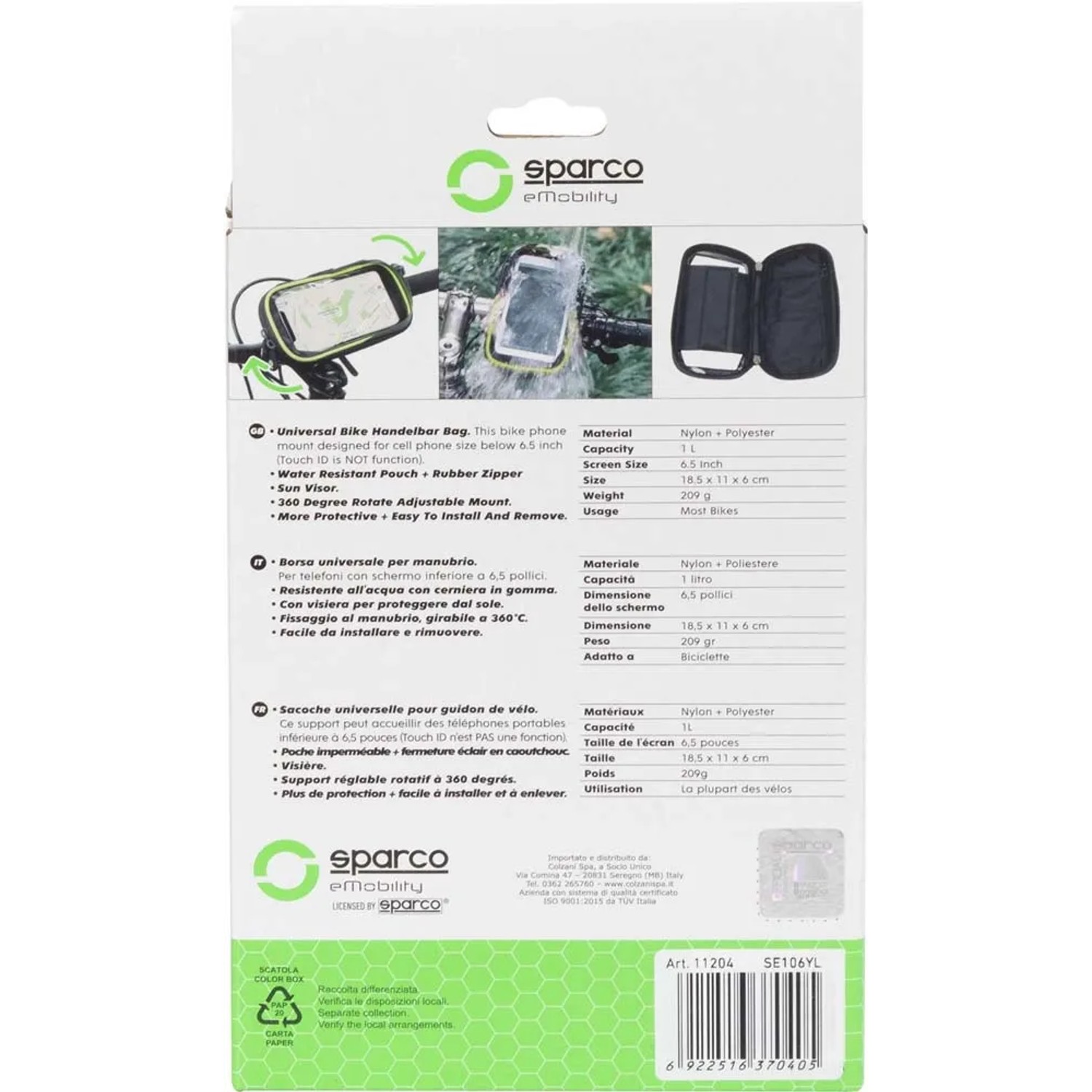 t.b.t. Borsa da bici per smartphone fino a 6.5 pollici. Impermeabile con cerniera.