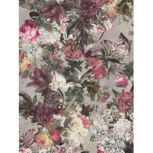 Carta da parati decorativa con un lussureggiante motivo floreale in colori scuri.