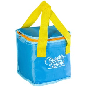Borsa frigo blu con manici gialli e stampa "Summer Time" per campeggio e tempo libero.