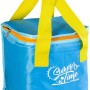 Borsa frigo blu con manici gialli e stampa "Summer Time" per campeggio e tempo libero.