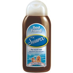 Flacone di shampoo per cani per manti scuri. Nutriente e ravviva il colore.