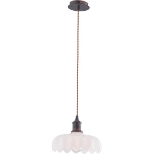 Lampada a sospensione t.b.t. con paralume in vetro bianco e cavo marrone.