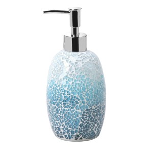 Dispenser sapone blu mosaico con pompa cromata.