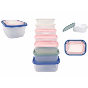 Set 7 contenitori plastica rettangolari con coperchi colorati