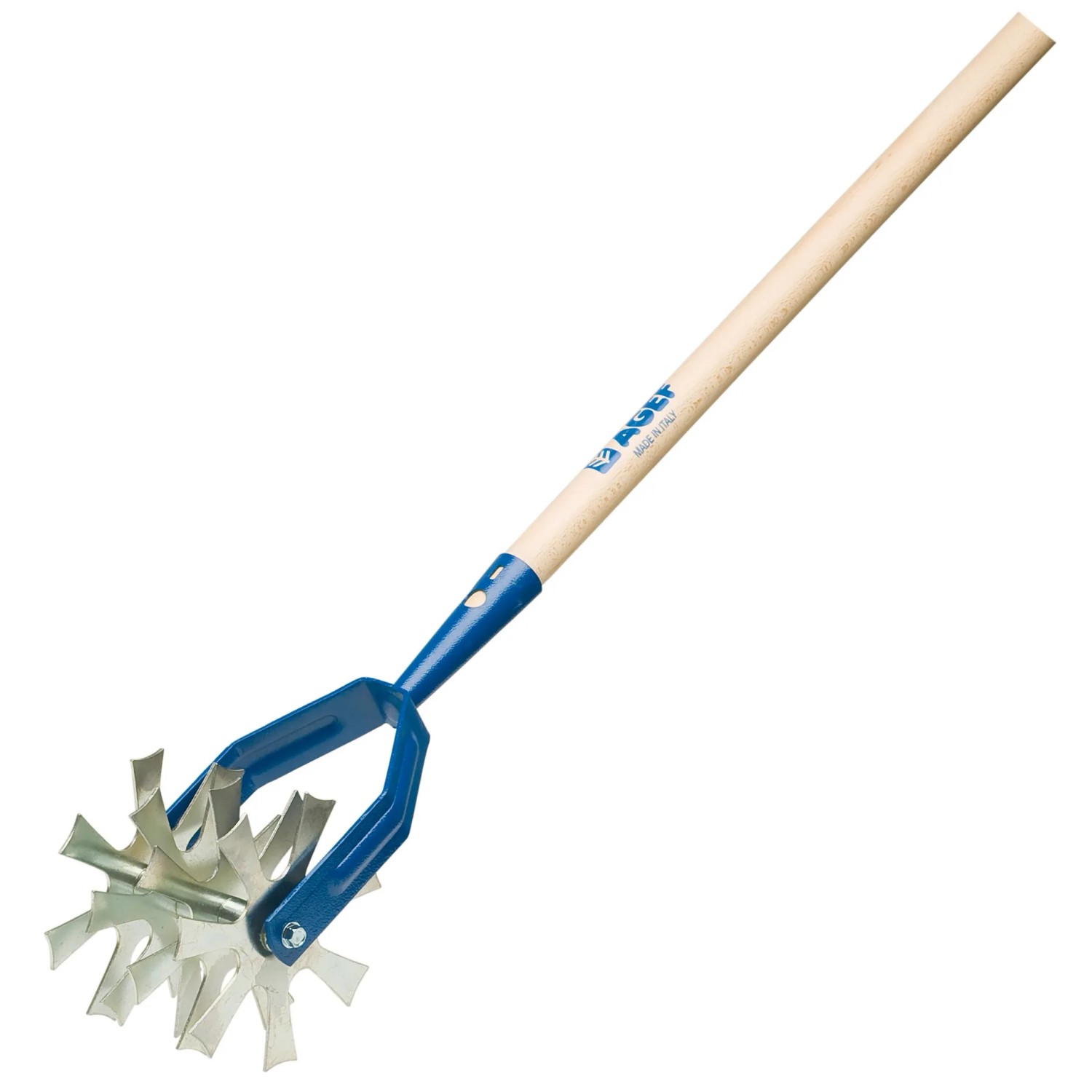 t.b.t. per la lavorazione del terreno con manico in legno e testa in metallo blu.