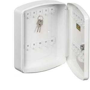 Cassetta portachiavi Burg Wächter bianca aperta con 24 ganci e chiavi.