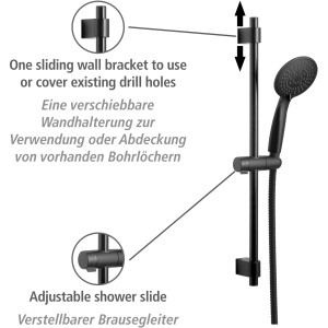 Wenko Set doccia Young nero: Asta doccia con doccetta e supporto a parete scorrevole.