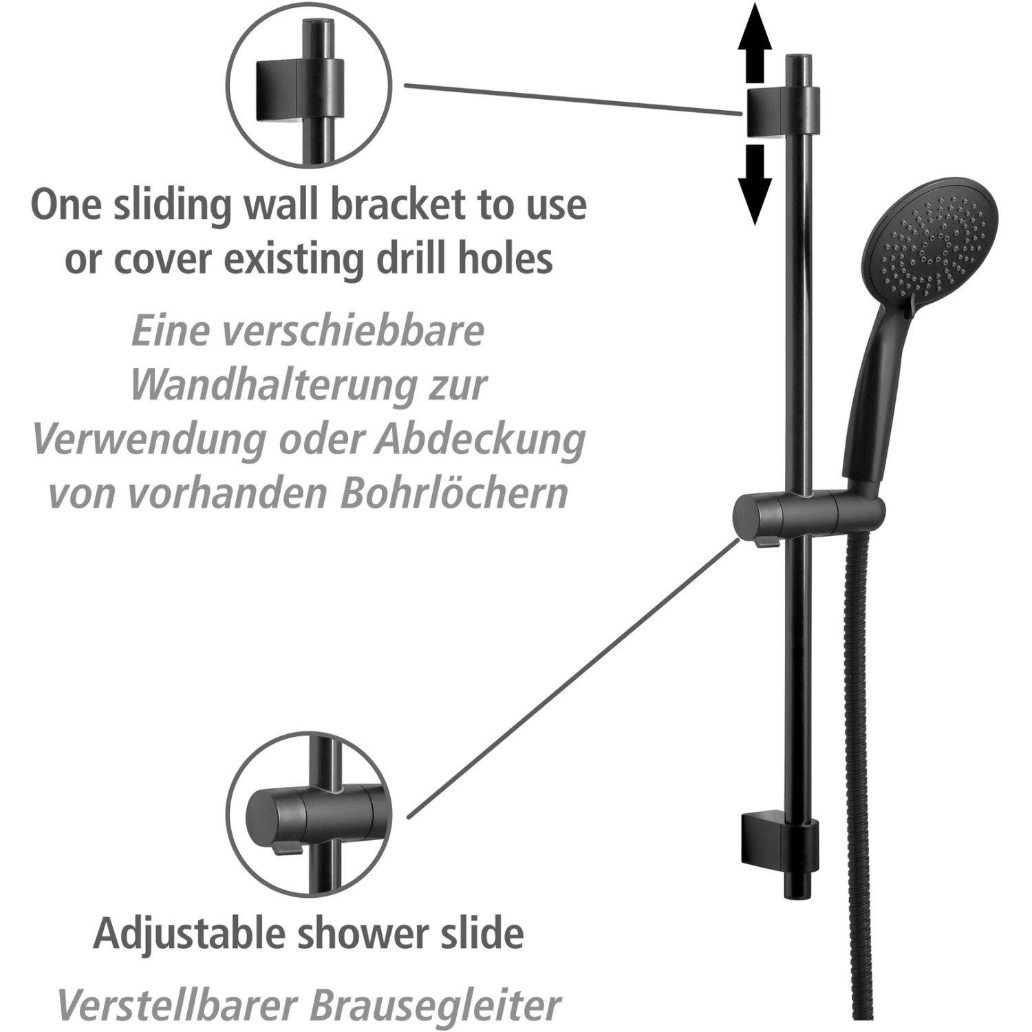 Wenko Set doccia Young nero: Asta doccia con doccetta e supporto a parete scorrevole.