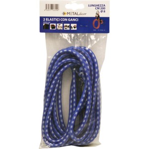 Corda elastica blu e bianca con ganci, lunghezza 200 cm, per usi versatili.