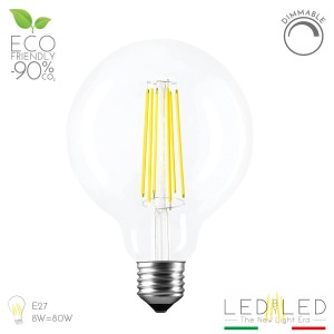 Lampadina LED E27 dimmerabile con vetro trasparente e design a filamento.