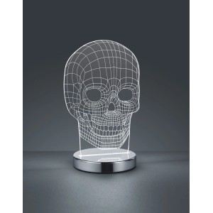 Lampada da tavolo LED teschio cromata con design a teschio, colore della luce regolabile.