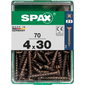 Viti per legno SPAX 4x30 mm, marroni, in contenitore trasparente.