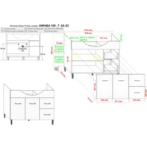 Disegno tecnico del mobile bagno t.b.t. con dimensioni.