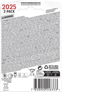 t.b.t. Pila a bottone, confezione da 2, retro della confezione con avvertenze e simboli di riciclaggio.