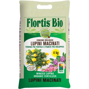Sacco di lupini macinati Flortis Bio, concime universale biologico per giardino e piante.