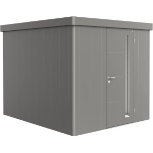 Casetta da giardino Biohort Neo 3B in grigio quarzo metallizzato con porta standard.