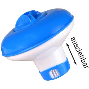 Galleggiante dosatore di cloro blu e bianco per pastiglie da 20g, estensibile.