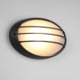 Plafoniera ovale t.b.t. con cornice in metallo nero e luce bianca calda.